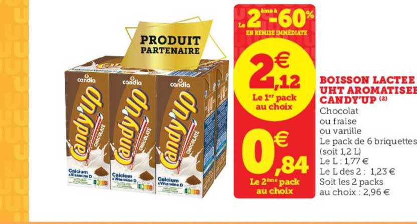 boisson lactée uht aromatisée candy'up le 2ème en à -60% en remise immédiate