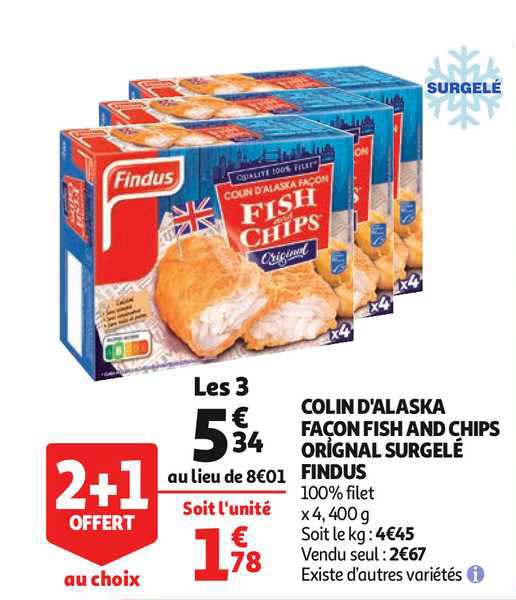 colin d'alaska façon fish and chips original surgelé findus 2+1 offert au choix