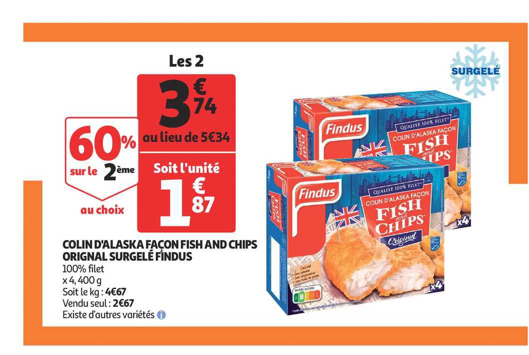 colin d'alaska façon fish and chips original surgelé findus 60% sur le 2ème au choix