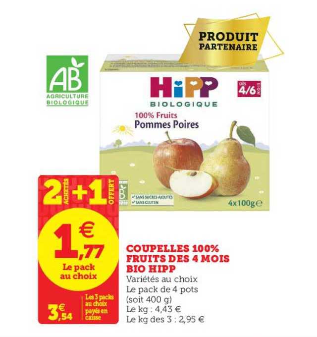 Coupelles 100% Fruits Dès 4 Mois Hipp Bio 2 Achetés + 1 Offert