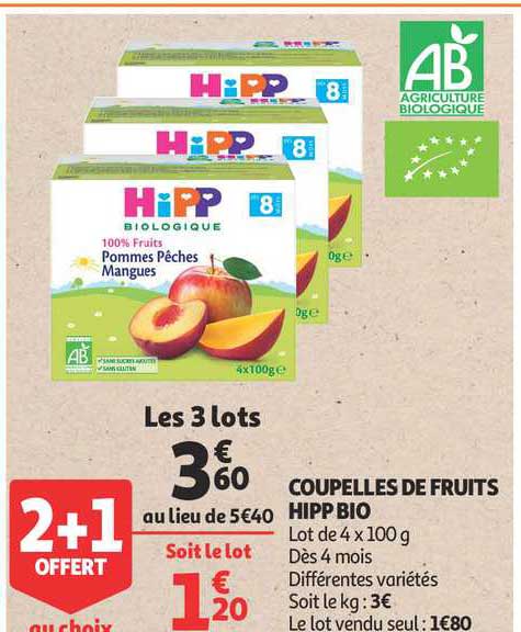 Coupelles De Fruits Hipp Bio 2+1 Offert Au Choix