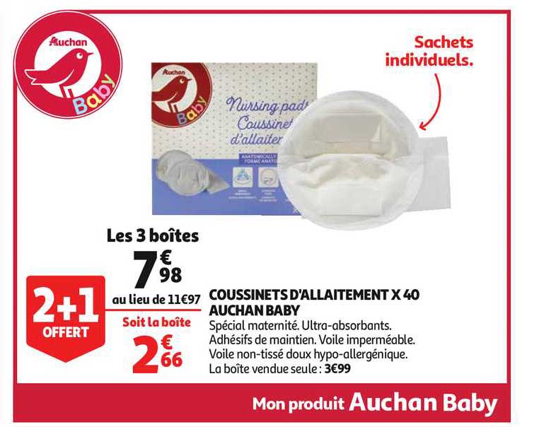 coussinet d'allaitement x 40 auchan baby 2+1 offert