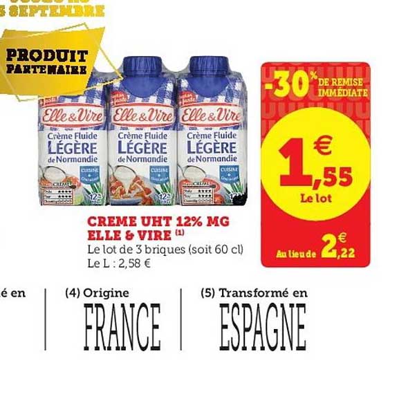 crème uht 12% mg elle&vire -30% de remise immédiate