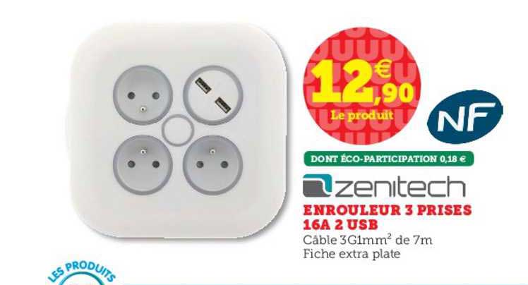 enrouleur 3 prises 16a 2 usb zenitech nf