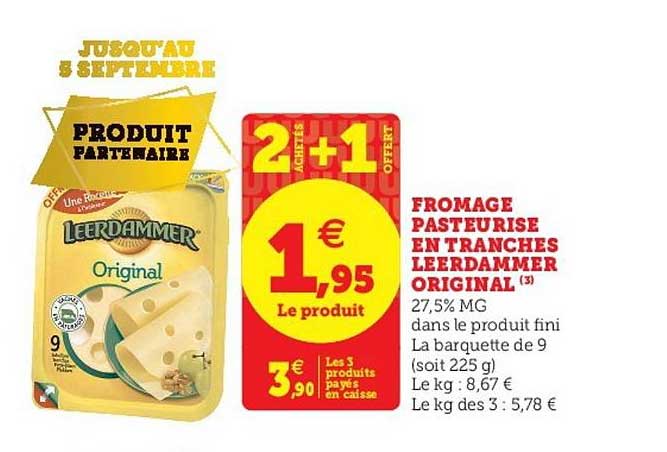 Fromage Pasteurisé En Tranches Leerdammer Original  2+1 Offert
