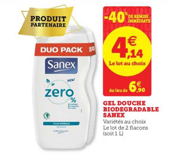 gel douche biodégradable sanex -40% remise immédiate