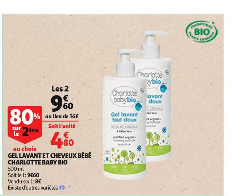 gel lavant et cheveux bébé charlotte baby bio 80% sur le 2ème au choix