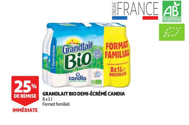 Grandlait Bio Demi écrémé Candia 25% Remise Immédiate