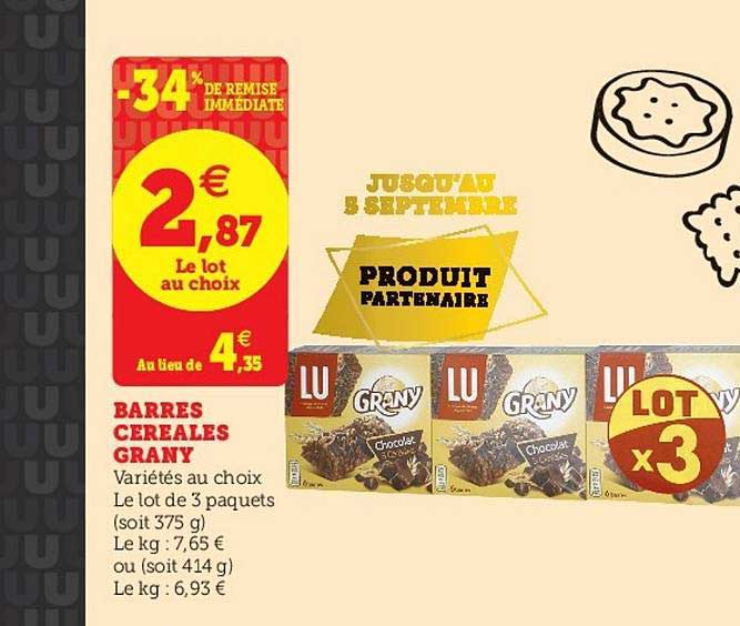 grany barres céréales lu -34% remise immédiate
