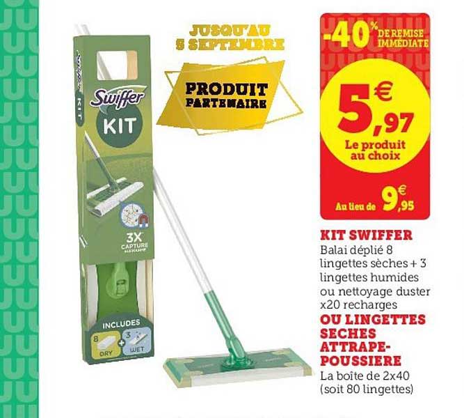 kit swiffer ou lingettes sèches attrape poussière -40% remise immédiate