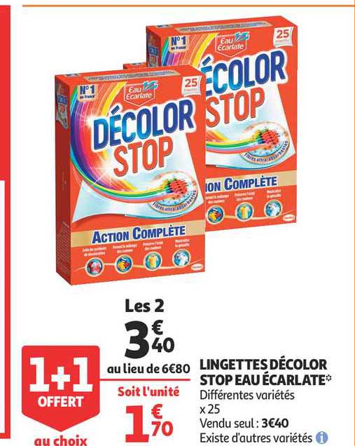 lingettes décolor stop eau écarlate 1+1 offert au choix