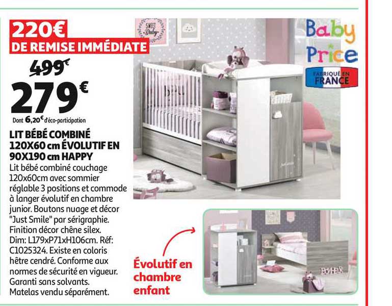 lit bébé combiné 120x60 cm évolutif en 90x190 cm happy