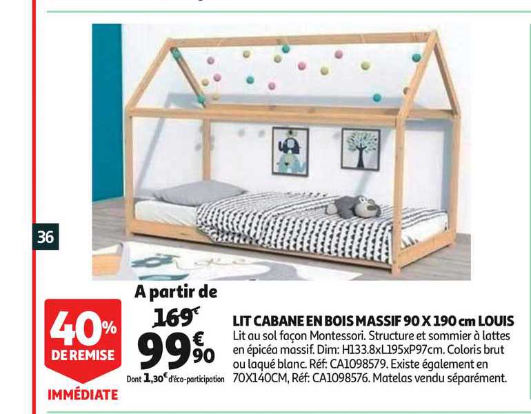lit cabane en bois massif 90 x 190 cm louis 40% remise immédiate