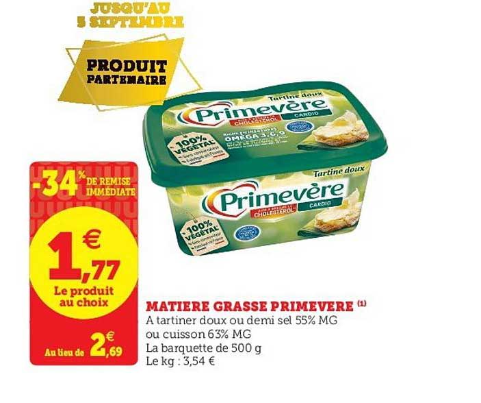 matière grasse primevère -34% remise immédiate
