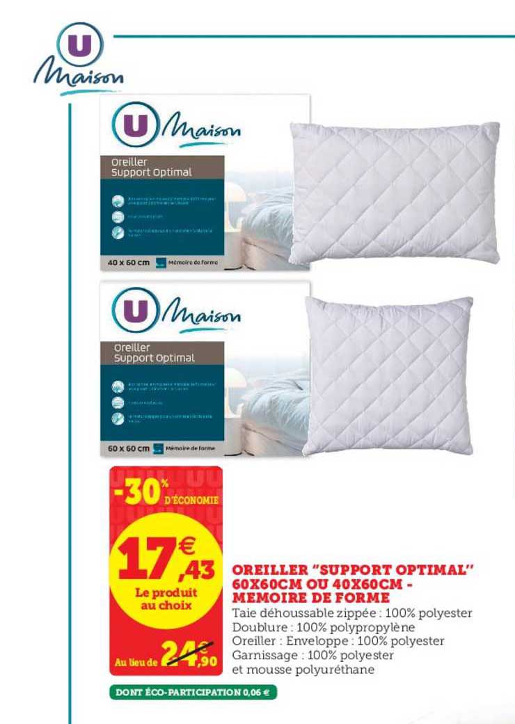 oreiller support optimal 60x60cm ou 40x60cm mémoire de forme