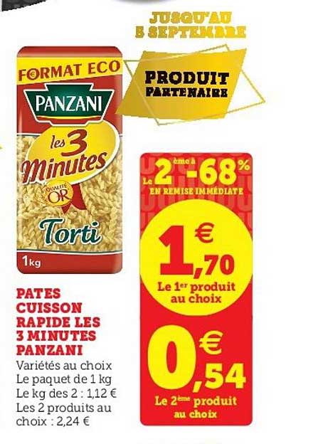 pâtes cuisson rapide les 3 minutes panzani le 2ème en à -68% en remise immédiate