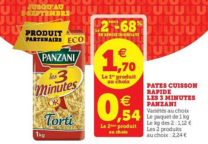 pâtes cuisson rapide les 3 minutes panzani le 2ème en à -68% en remise immédiate
