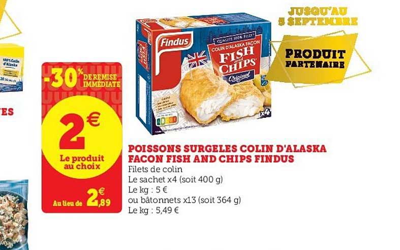 poissons surgelés colin d'alaska façon fish and chips findus -30% remise immédiate
