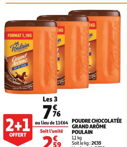 poudre chocolatée grand arôme poulain 2+1 offert