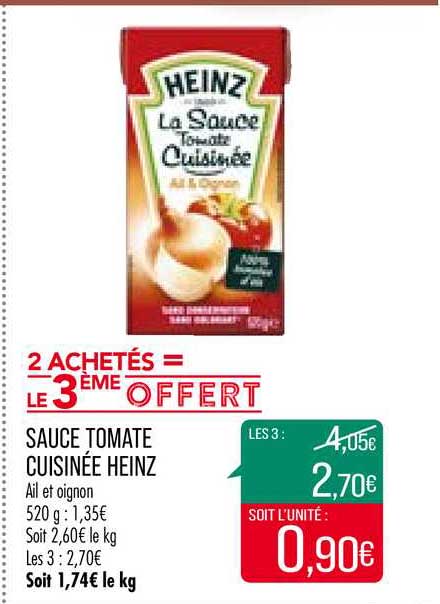 sauce tomate cuisinée heinz 2 achetés = le 3ème offert
