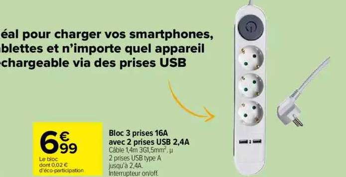 bloc 3 prises 16a avec 2 prises usb 2,4 a