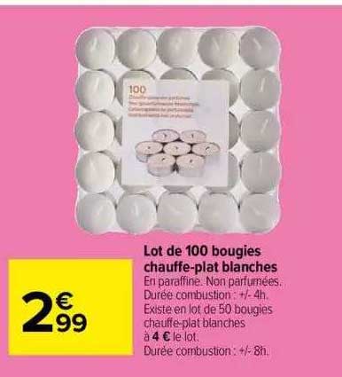 lot de 100 bougies chauffe-plat blanches