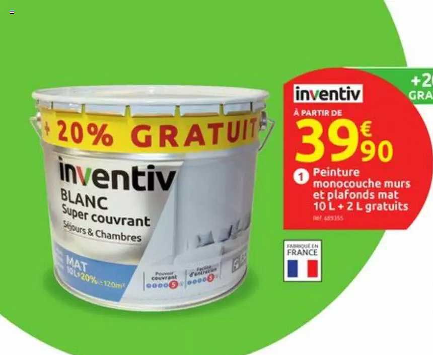 peinture monocouche murs et plafonds mat 10 l + 2 l gratuits inventiv