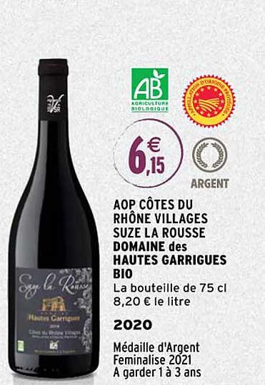 aop côtes du rhône villages suze la rousse domaine des hautes garrigues bio 2020