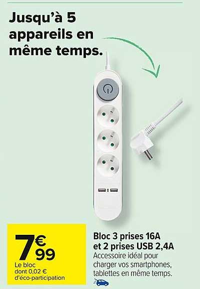 bloc 3 prises 16a et 2 prises usb 2,4a