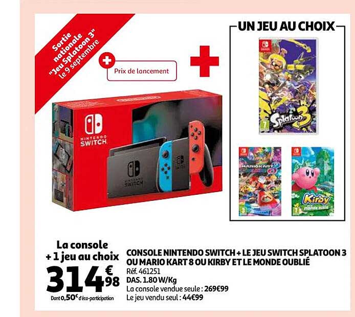 console nintendo switch + le jeu switch splatoon 3 ou mario kart 8 ou kirby et le monde oublié