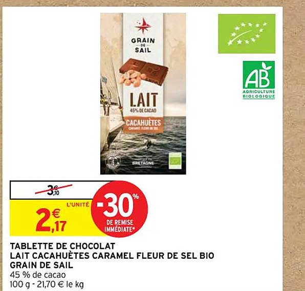 tablette de chocolat lait cacahuètes caramel fleur de sel bio grain de sail