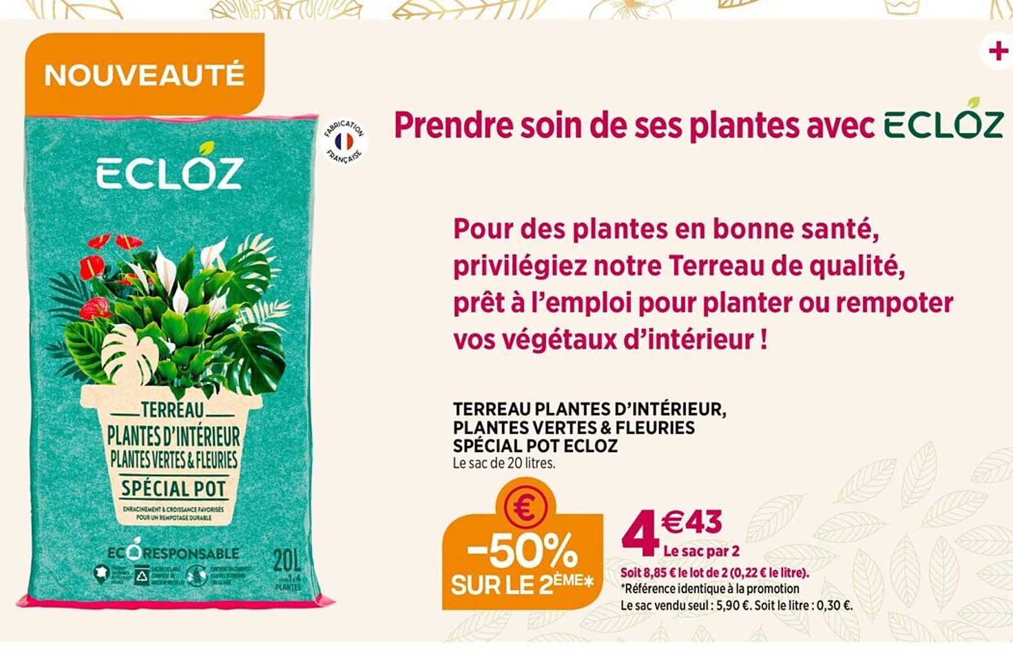 terreau plantes d'intérieur, plantes vertes & fleuries spécial pot ecloz