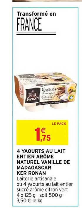 4 yaourts au lait entier arôme naturel vanille de madagascar ker ronan
