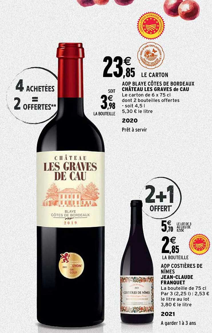 aop blaye côtes de bordeaux château les graves de cau 2020, aop costières de nîmes jean-claude franquet 2021