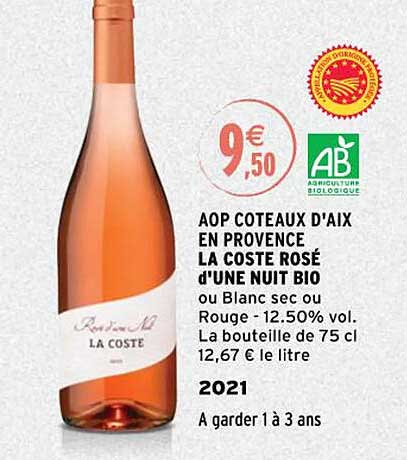 aop côteaux d'aix en provence la coste rosé d'une nuit bio 2021