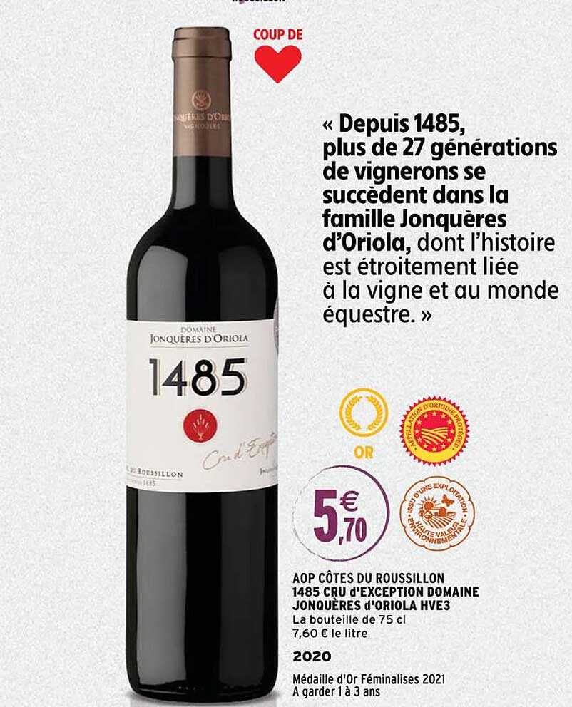 aop côtes du roussillon 1485 cru d'exception domaine jonquères d'oriola hve3 2020