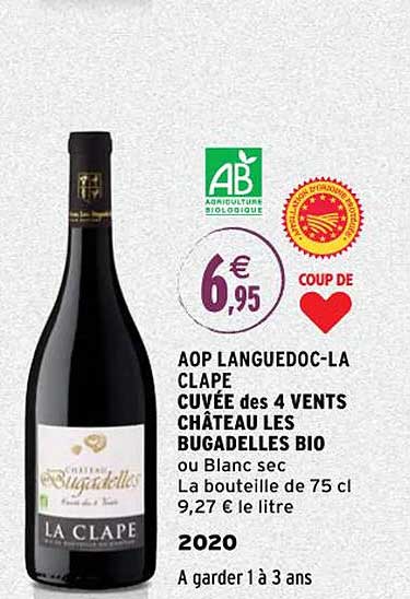 aop languedoc-la clape cuvée des 4 vents château les bugadelles bio 2020