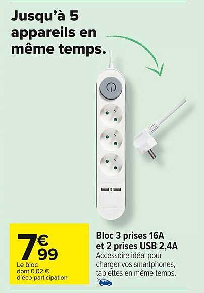 bloc 3 prises 16a et 2 prises usb 2,4a