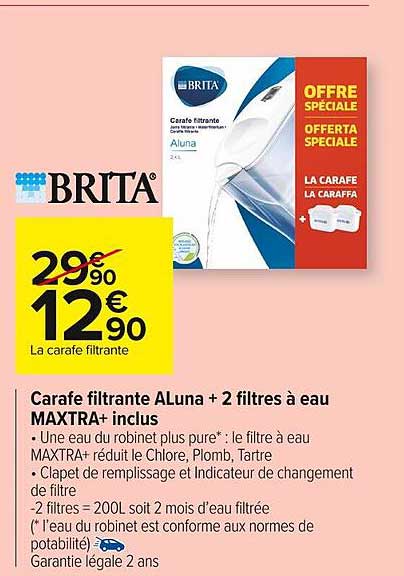 carafe filtrante aluna + 2 filtres à eau maxtra+ inclus brita