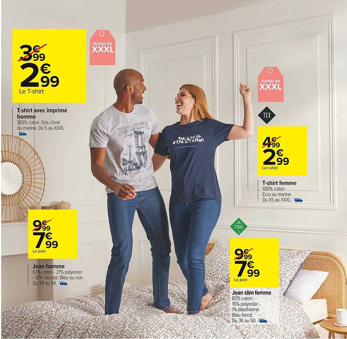 t-shirt avec imprimé homme, jean homme, jean slim femme, t-shirt femme