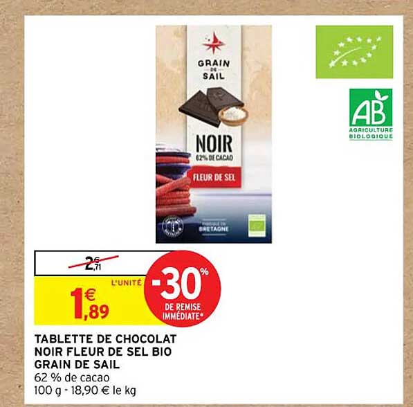 tablette de chocolat noir fleur de sel bio grain de sail