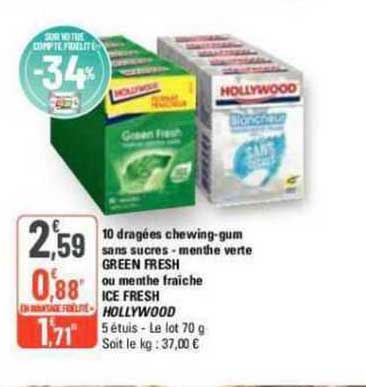 10 Dragées Chewing-gum Sans Sucres - Menthe Verte Green Fresh Ou Menthe Fraîche Ice Fresh Hollywood
