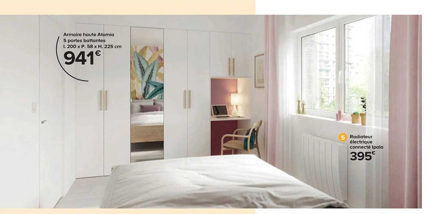 armoire haute atomia 5 portes battantes l. 200 x p. 58 x h. 225 cm, radiateur électrique connecté ipala