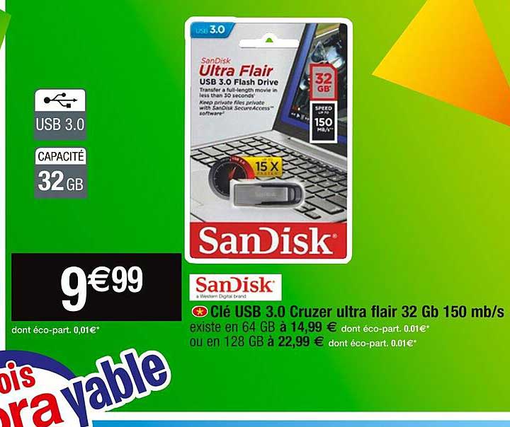 clé usb 3.0 cruzer ultra flair 32gb 150 mb/s sandisk