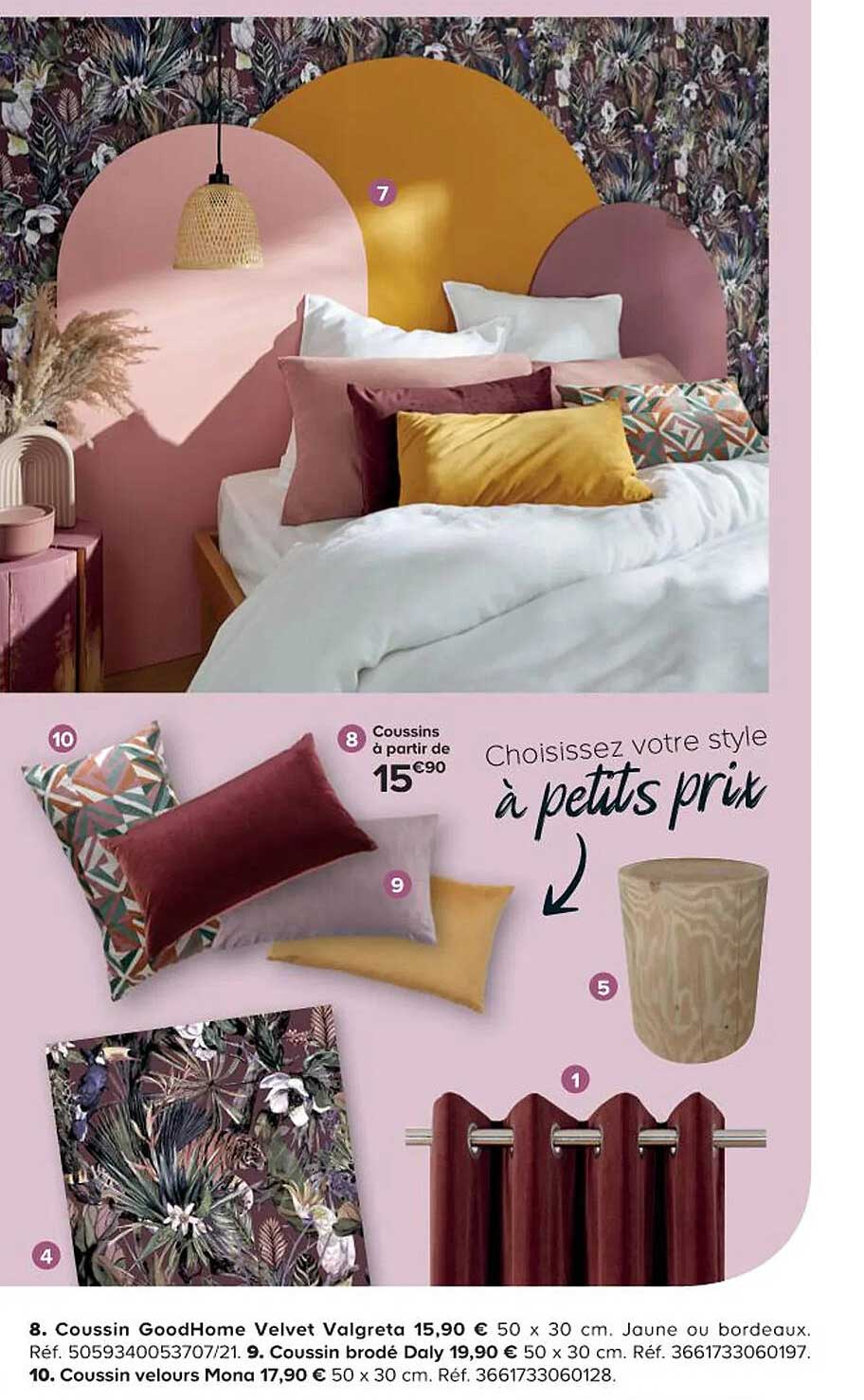 coussin goodhome velvet valgreta, coussin brodé daly, coussin velours mona