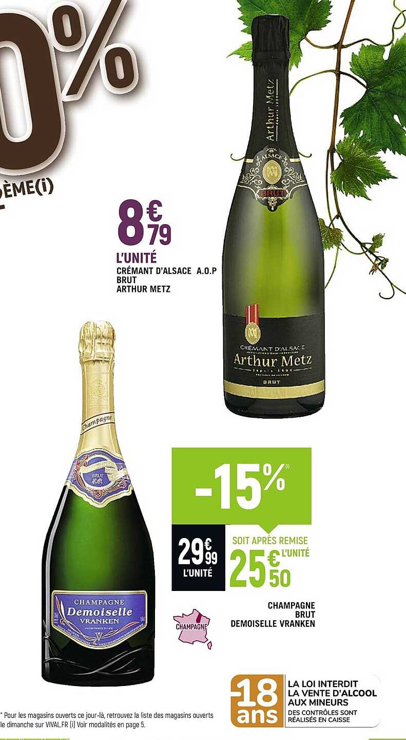 crémant d'alsace a.o.p. brut arthur metz, champagne brut demoiselle vranken