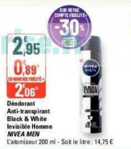 déodorant anti-transpirant black & white invisible homme nivea men