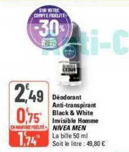déodorant anti-transpirant black & white invisible homme nivea men
