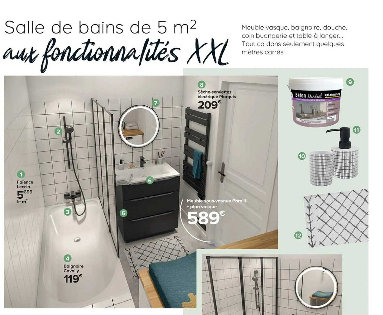 faïence leccia, baignoire cavally, meuble sous-vasque pamili + plan vasque, sèche-serviettes électrique marquis