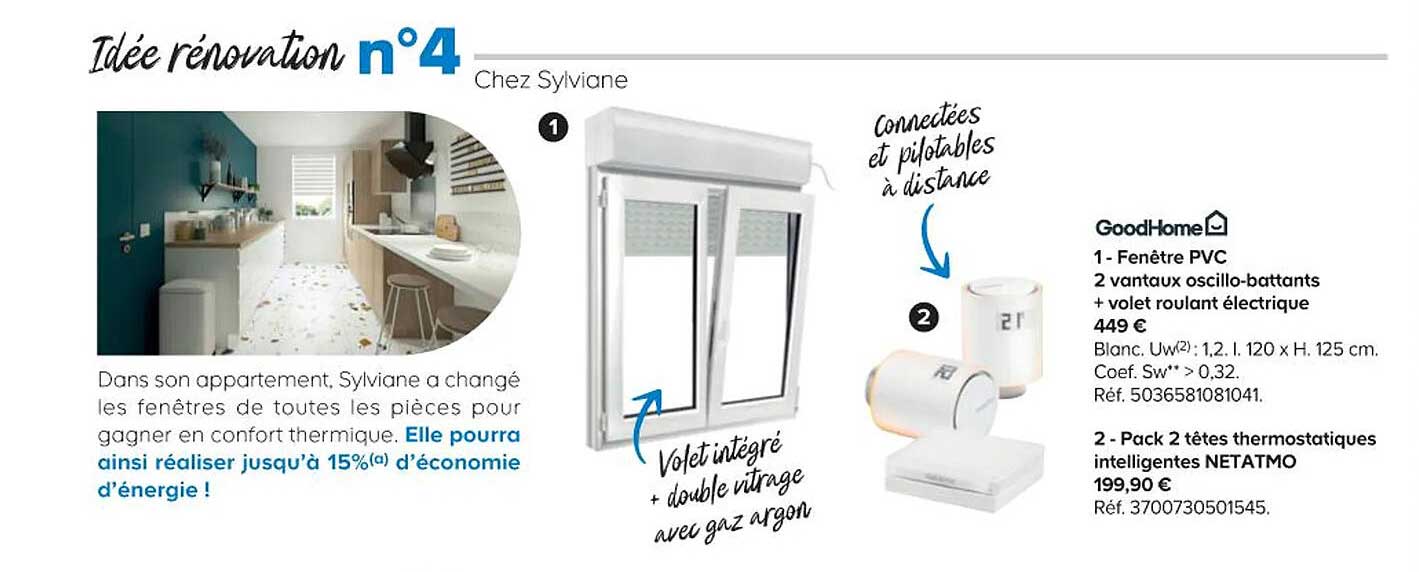 fenêtre pvc 2 vantaux oscillo-battants + volet roulant électrique, pack 2 têtes thermostatiques intelligentes netatmo